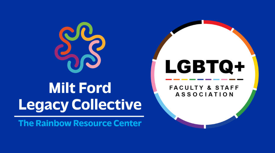 RRC logo with rainbow swirl icon, LGBTQ+ Faculty Staff Association logo, a white circle with progress pride rainbow exterior